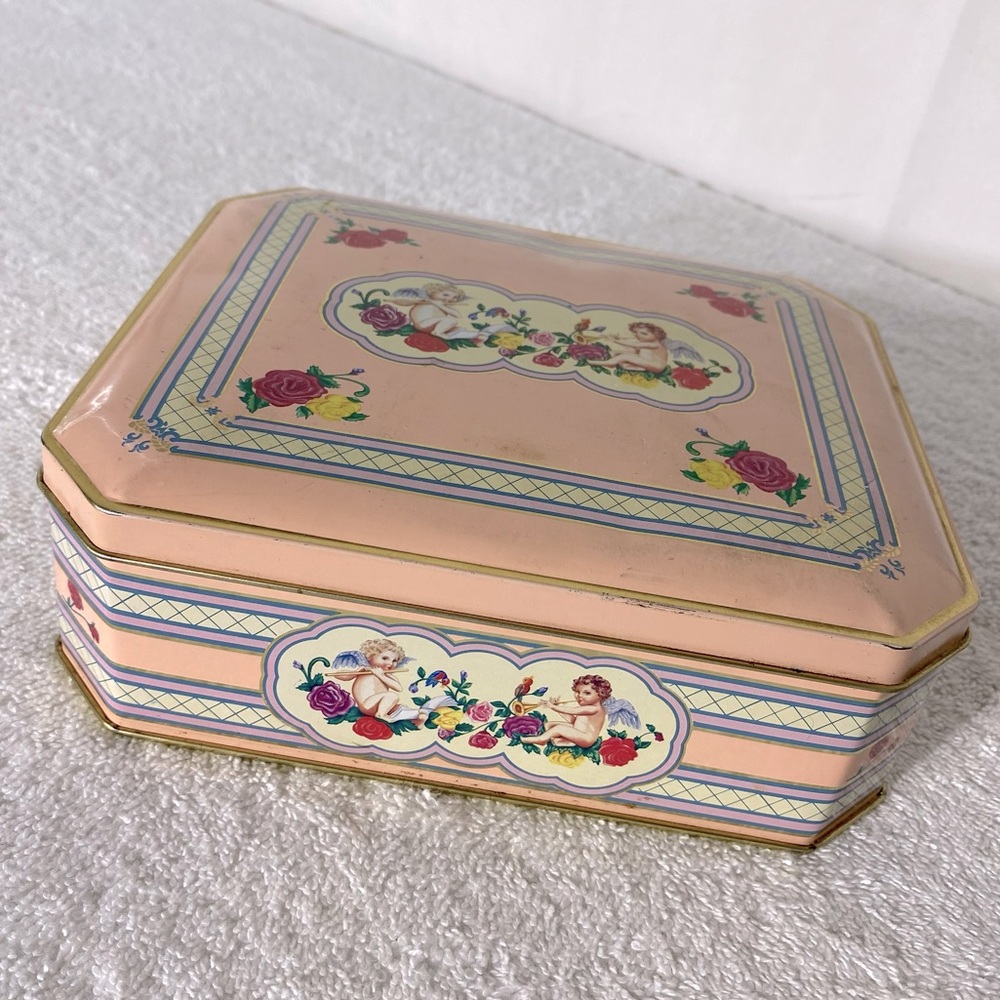 Vintage Hudson-Scott & Sons Pink Gold Angel Tin Cottagecore Grannycore